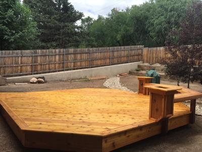 Hardwood Patio with Accent Lighting, Bench and Flowerbox by Deck Works in Colorado Springs