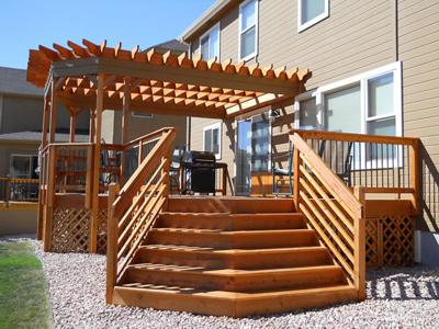 Hardwood Deck with Pergola, Benches & Stairway built by Deck Works in Colorado Springs